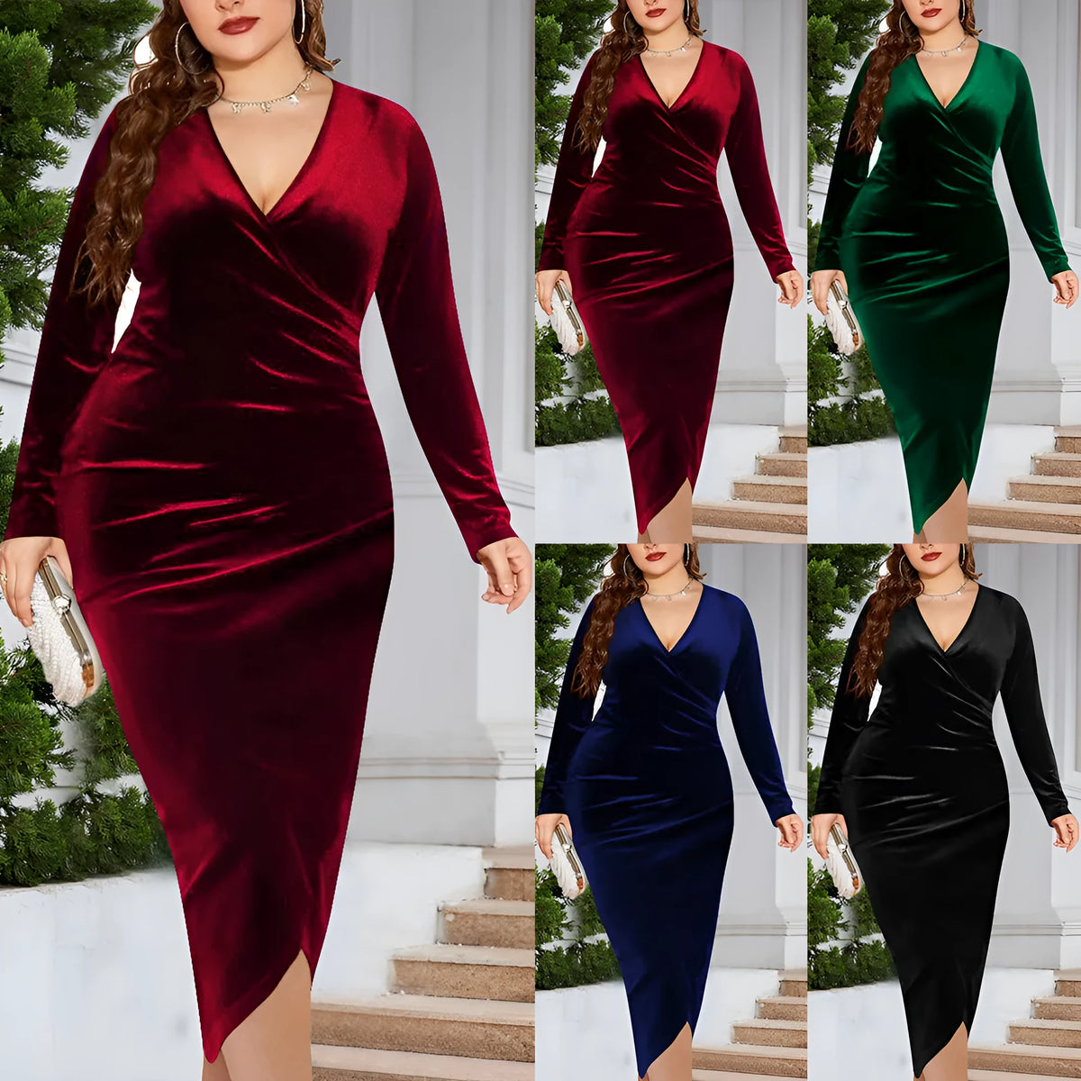 Women's red V-neck long sleeve dress on a hanger