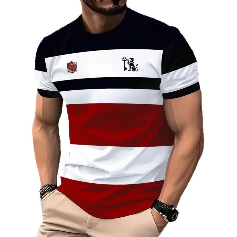 Men's loose-fit short-sleeved t-shirt with digital 3D printed stripe pattern in various colour styles