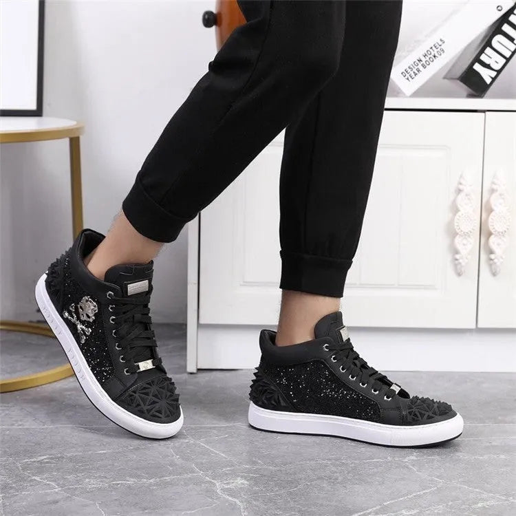 Genuine leather high top skeleton shoes for men with lace-up closure and round toe design