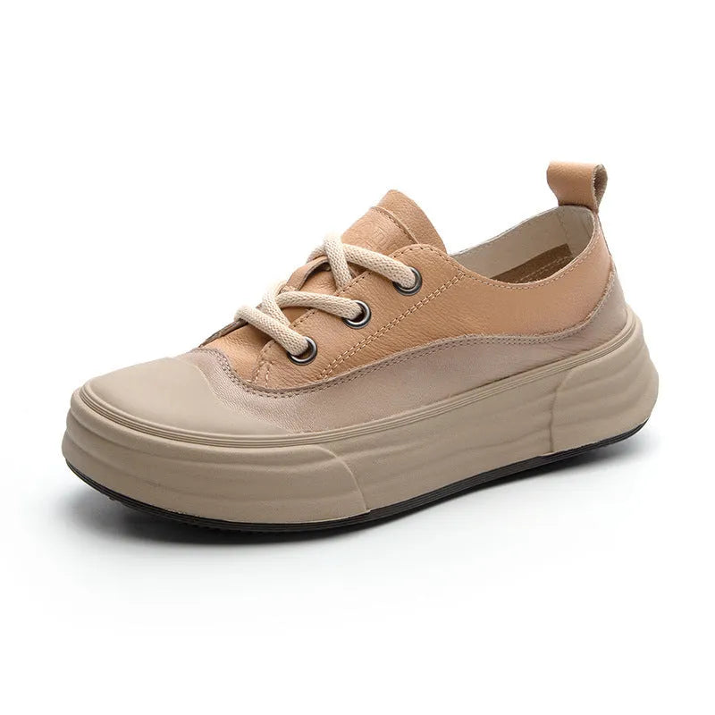Women's low-top leather platform sneakers in matcha green, purple, or orange with round toe and front laces.