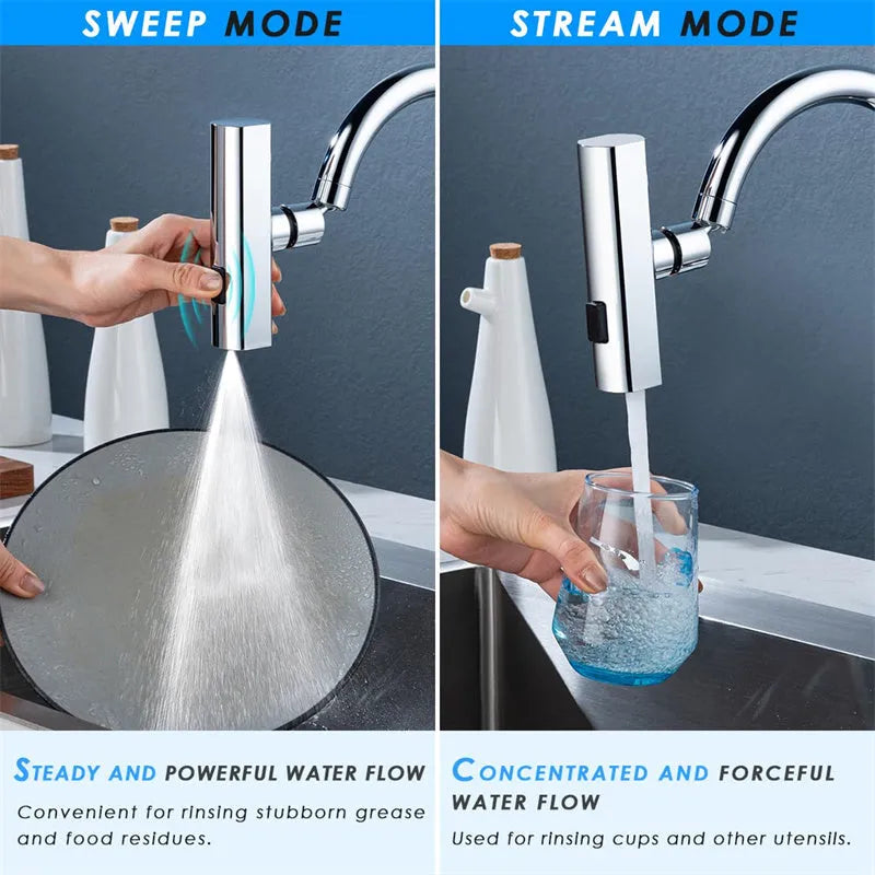 Kitchen faucet waterfall outlet connector with 360-degree swivel, ABS and copper body, Black or Silver finish.