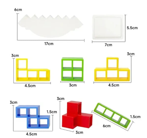 Plastic balance stacking board game with colourful blocks, chassis, and base on table