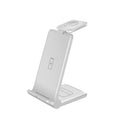 White 3-in-1 wireless charging station dock for iPhone, Apple Watch and AirPods, showing foldable design.