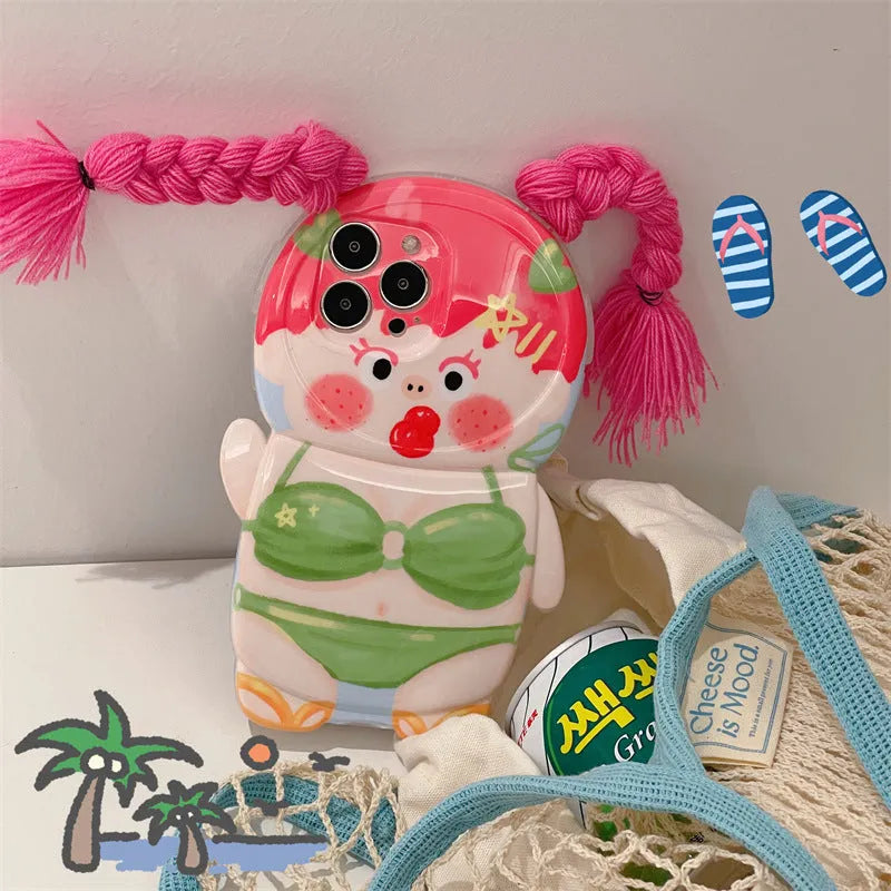 Pink and green silicone iPhone case with summer swimsuit girl cartoon design for multiple iPhone models