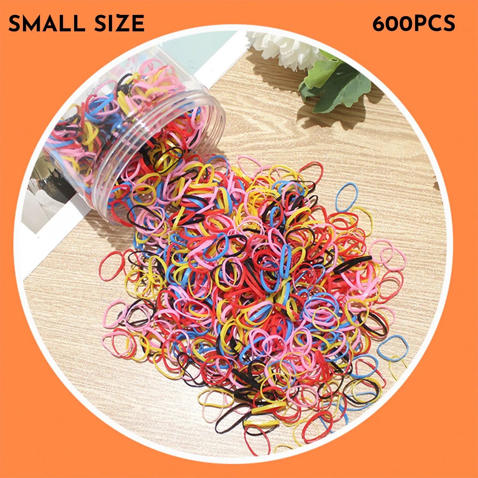 Multi-colour TPU baby hair bands in a reusable container, 300 or 600 piece pack.