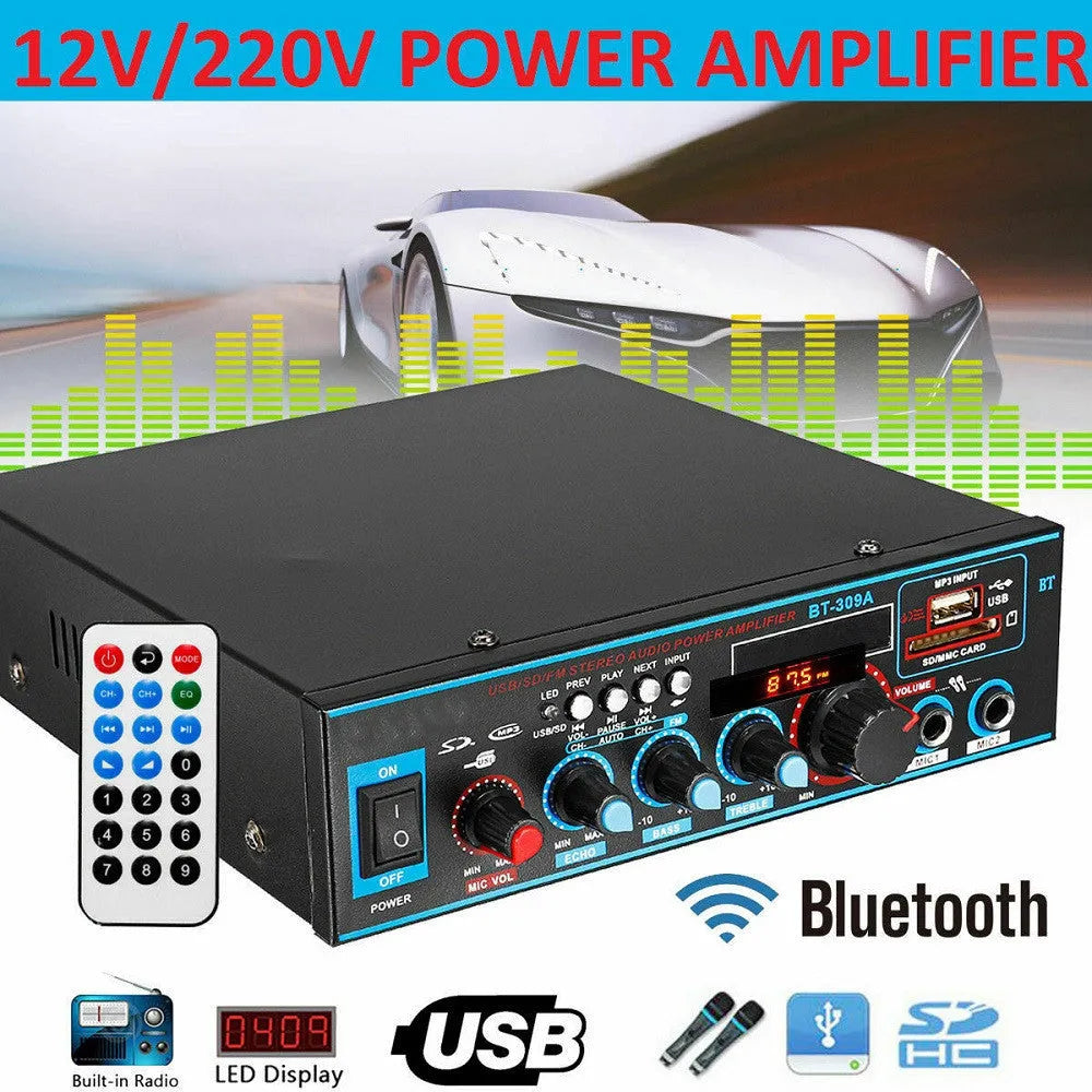 Black BT-309A-A dual-purpose power amplifier with Bluetooth and FM radio for home and car use