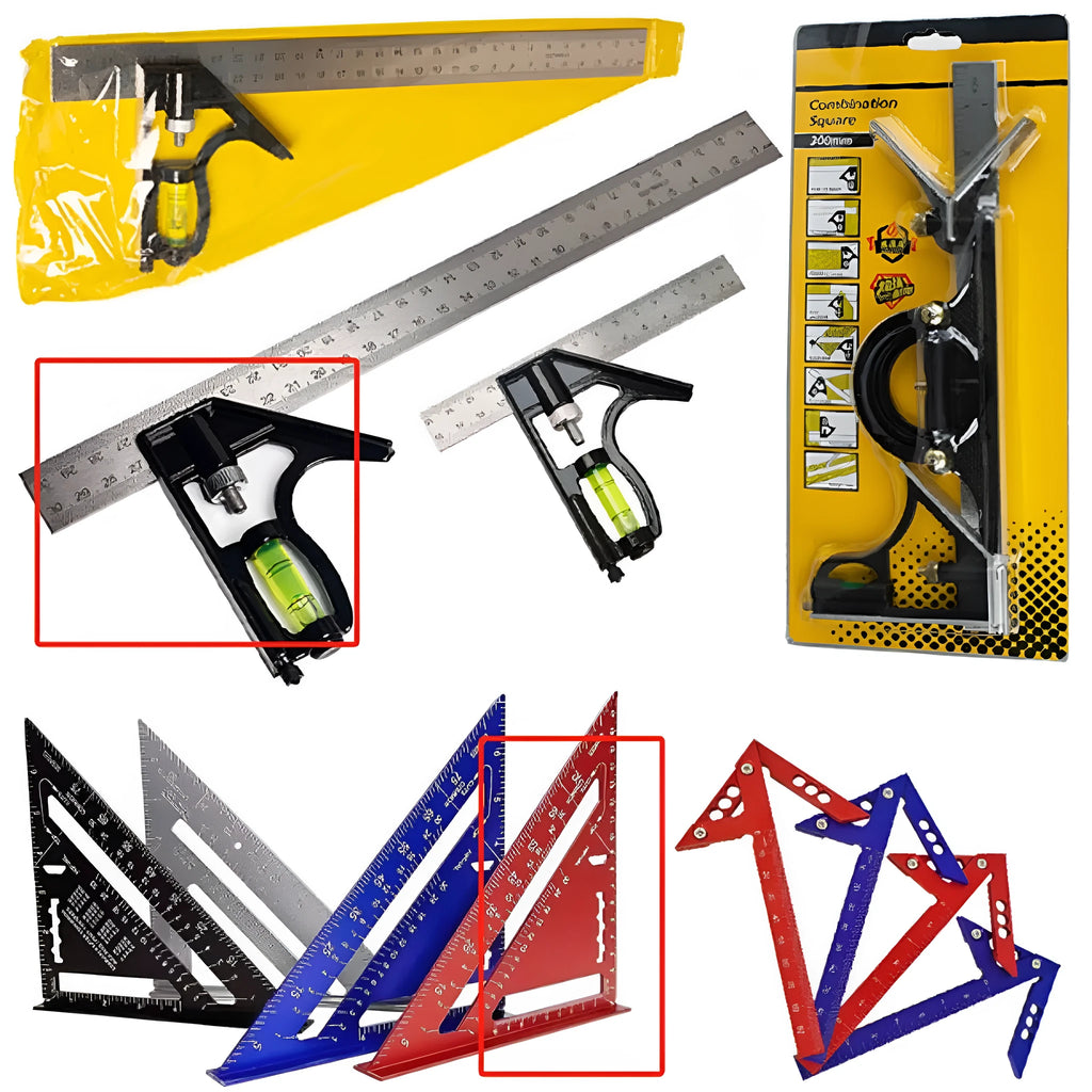 Red thin 7inch metal combination angle ruler set for civil surveying with metric scales