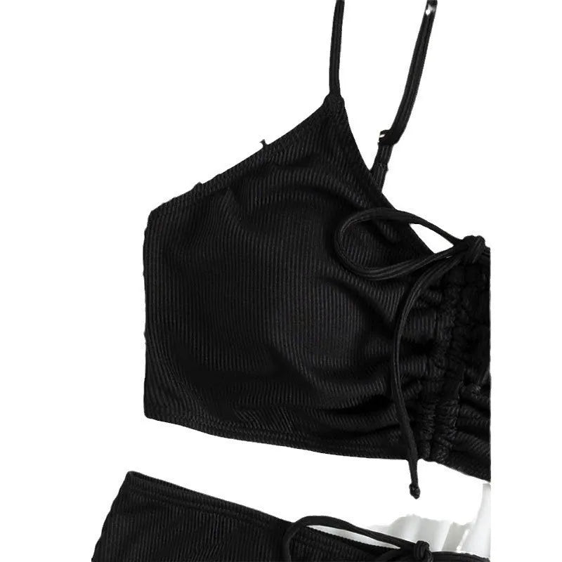 Black women's bikini swimsuit with sling split high waist design and matching shorts