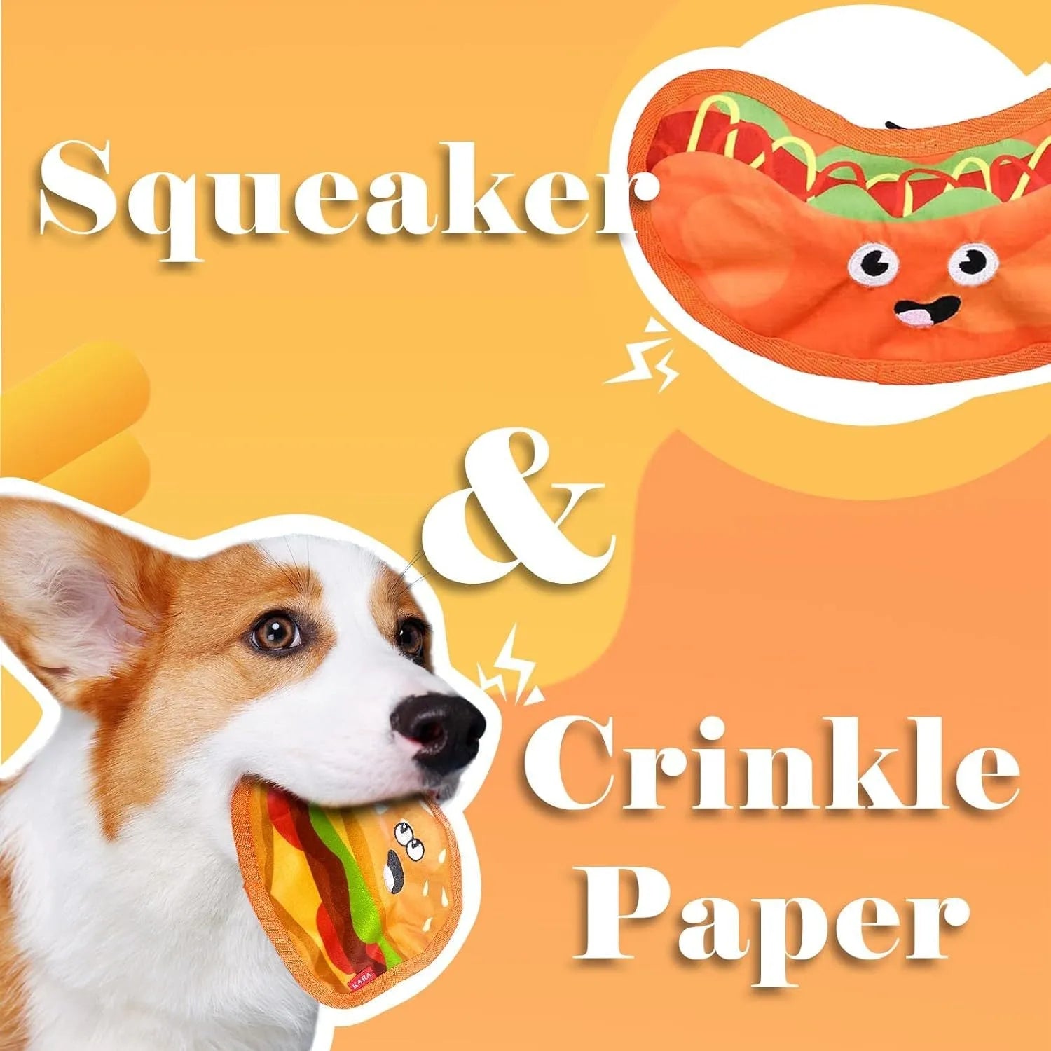 Hamburger-shaped dog toy with vivid colours featuring crinkle and squeaker sounds for interactive play