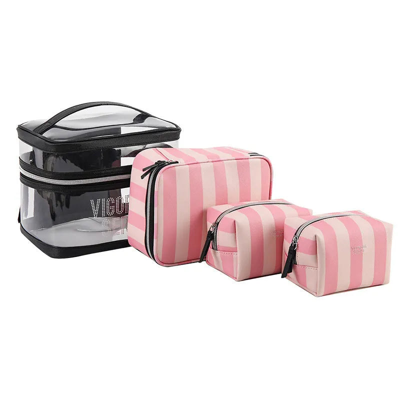 Pink bold stripes makeup bag with flower pattern, synthetic leather with waterproof lining, folding design