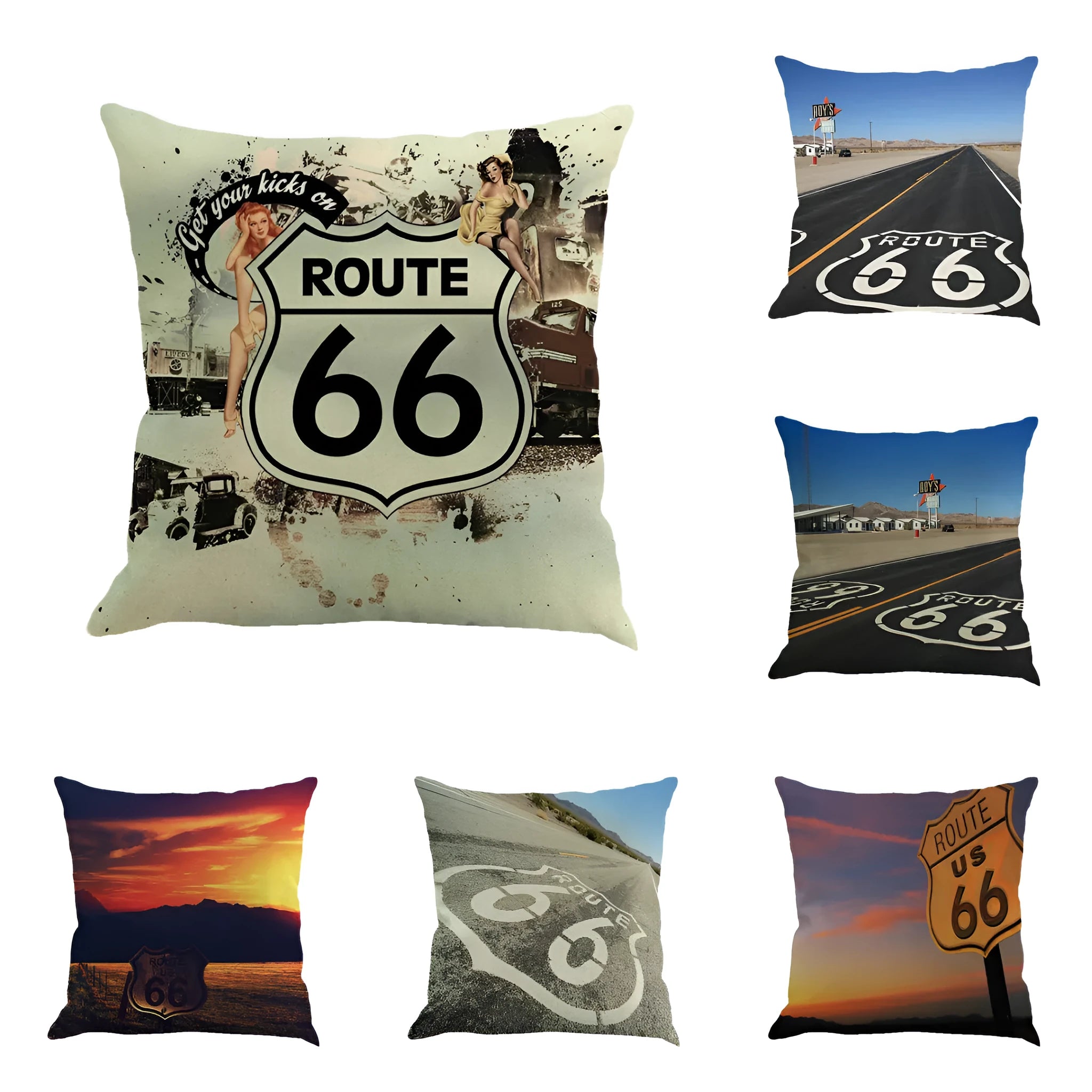 Square linen blend cushion cover with a printed US Route 66 landscape design