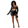 Women's sleeveless hollow-out mesh two-piece dress set in black, showing top and short skirt with splicing design.