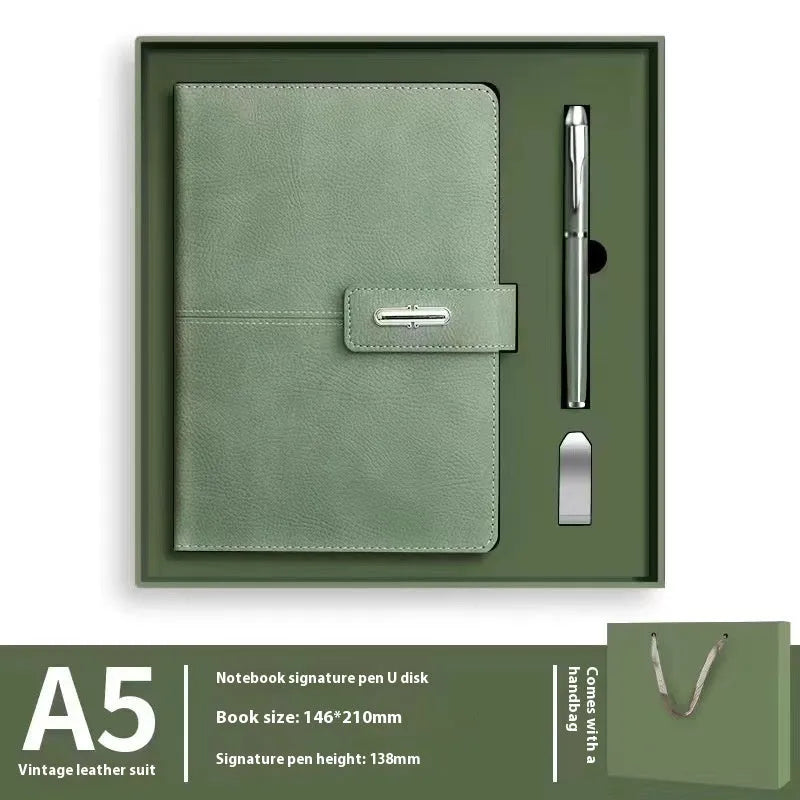 A5 notebook with PU leather cover shown in multiple colour options including black, red, green, blue, and orange.