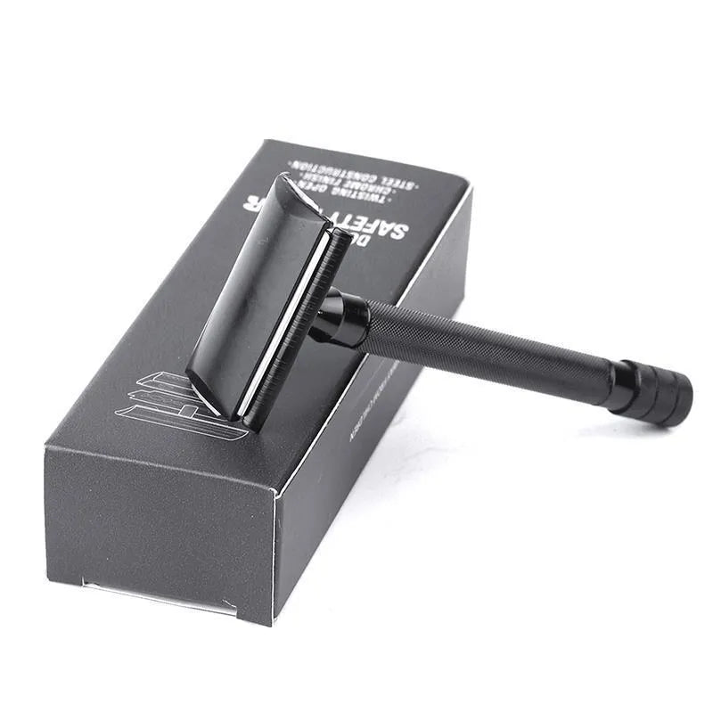 Traditional manual safety razor and shaving brush combination set in black or silver finish
