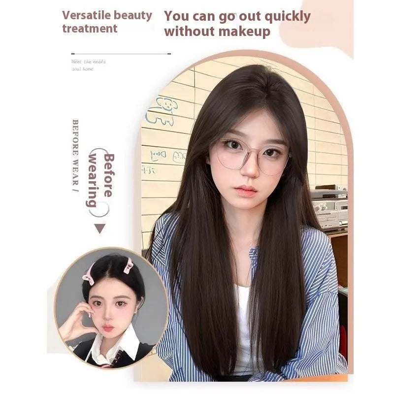 Forehead lace full-head wig in natural black straight style with hairnet and styling accessories