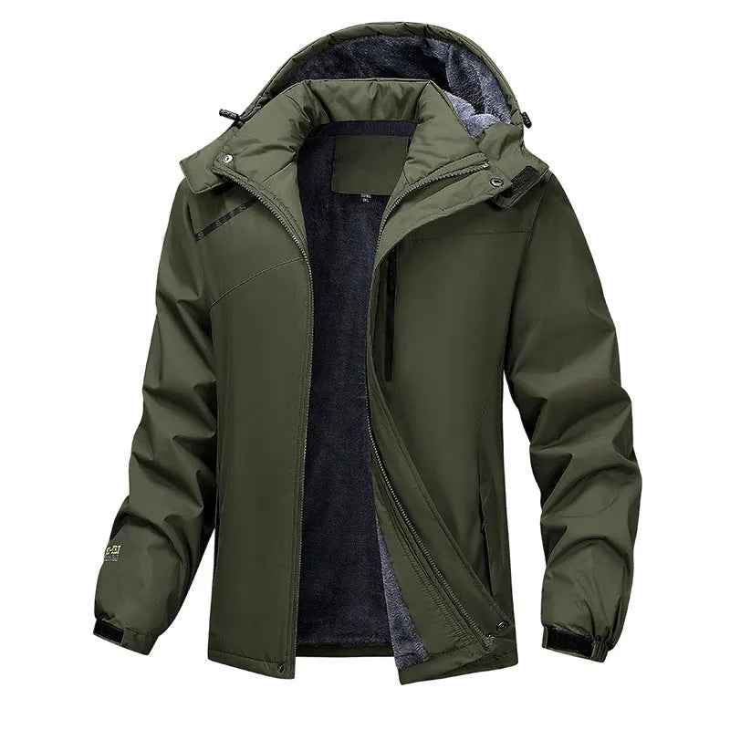 Men's plus-size loose-fit hooded winter coat in Army Green, shown on a model.