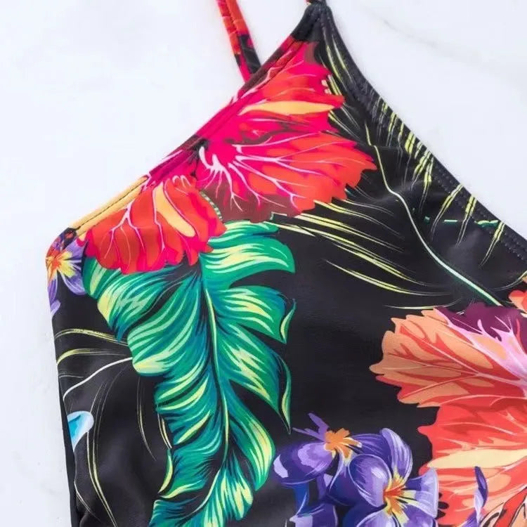 Women's black high waist briefs printed split bikini swimwear for sports and swimming