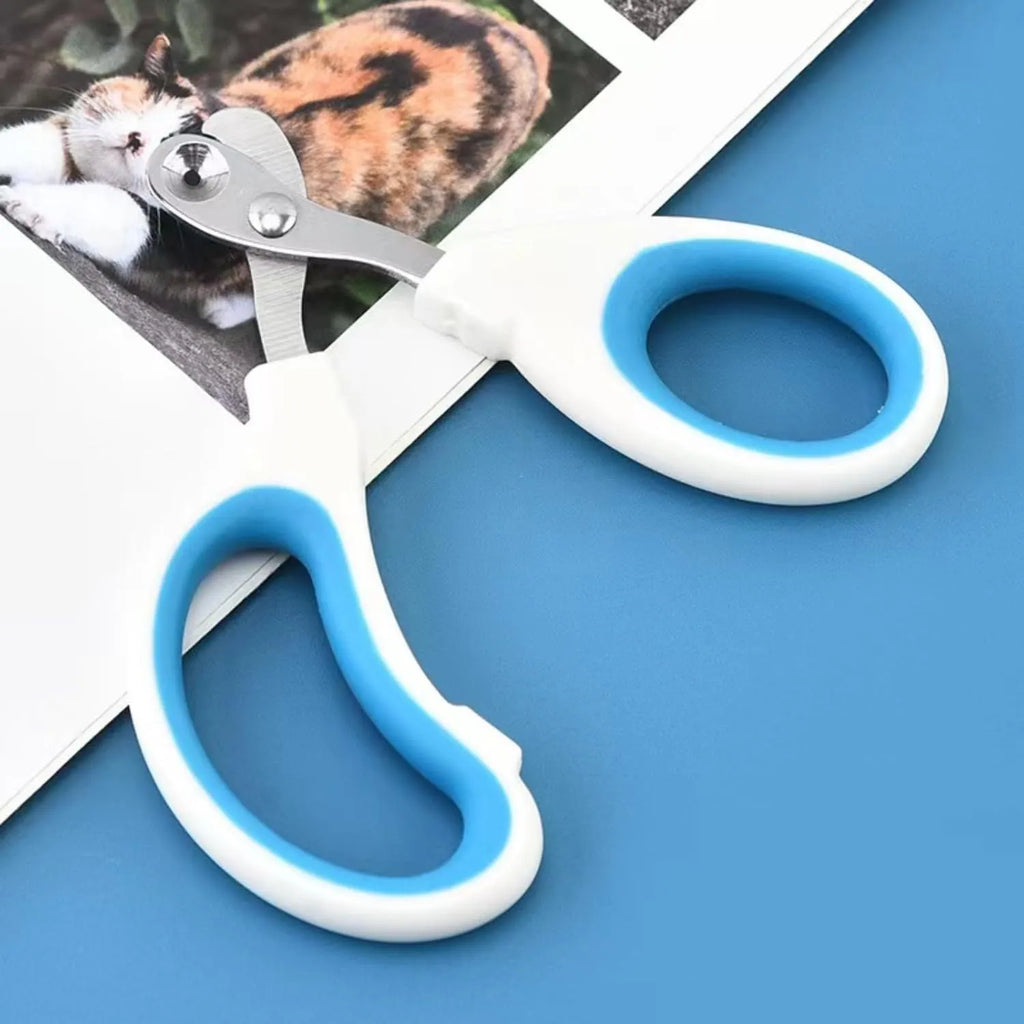 Blue cat nail clippers with circular hole design and cushioned non-slip handles.