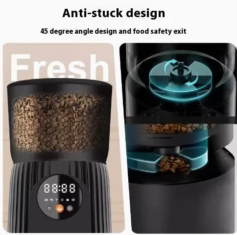 Black and white automatic pet feeder with food storage hopper and USB power connection
