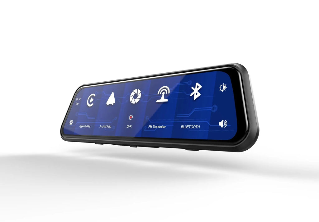 A black dual-lens dashboard camera with a large touchscreen display mounted on a car windshield.