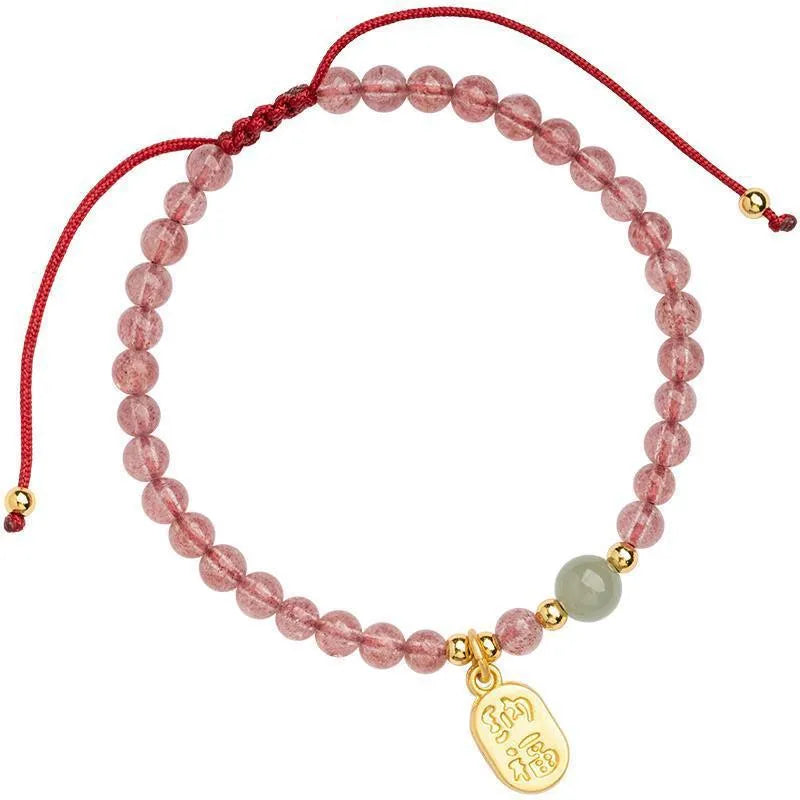 Hand-woven red rope women's bracelet with natural garnet or strawberry quartz crystal beads