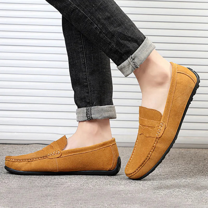 Men's suede loafers in multiple colours with slip-on design and round toe