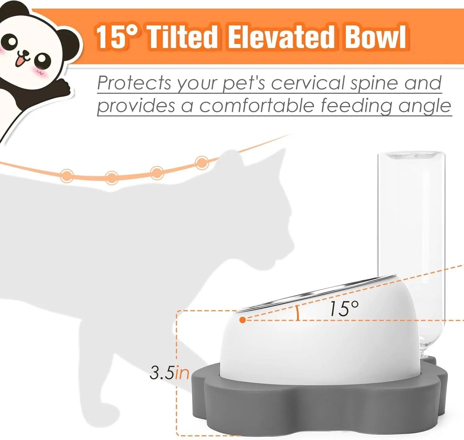 Grey panda-shaped automatic pet water dispenser with tilted stainless steel feeding bowls for cats and small dogs.