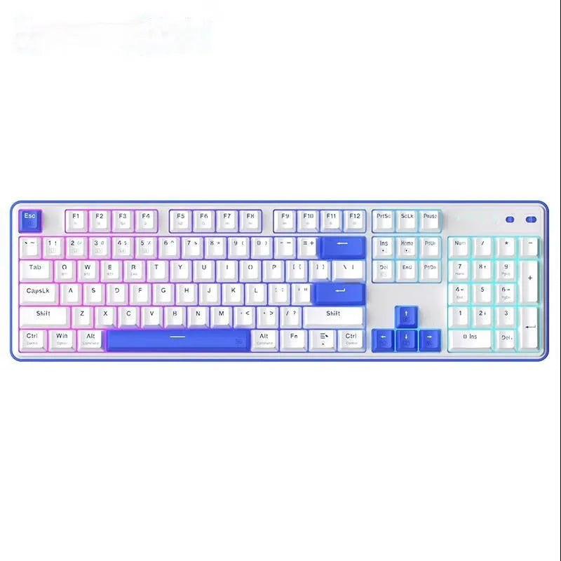 Three-mode mechanical keyboard with 104 keys in multiple colour options showing USB-C port and wireless connectivity