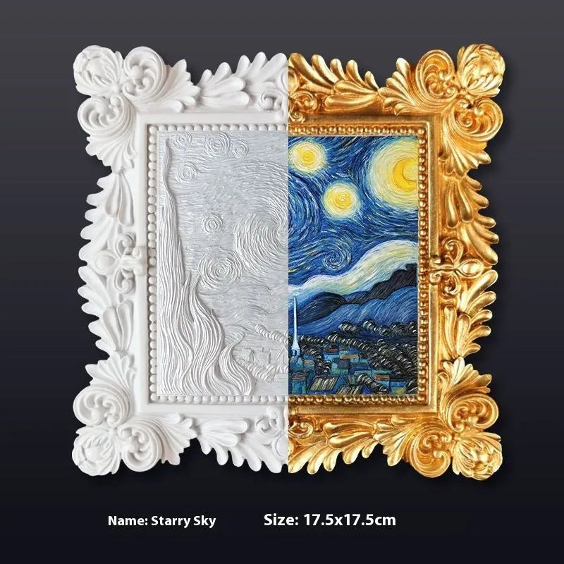 DIY oil painting by numbers kit showing framed Van Gogh Starry Night artwork with brushes and paints