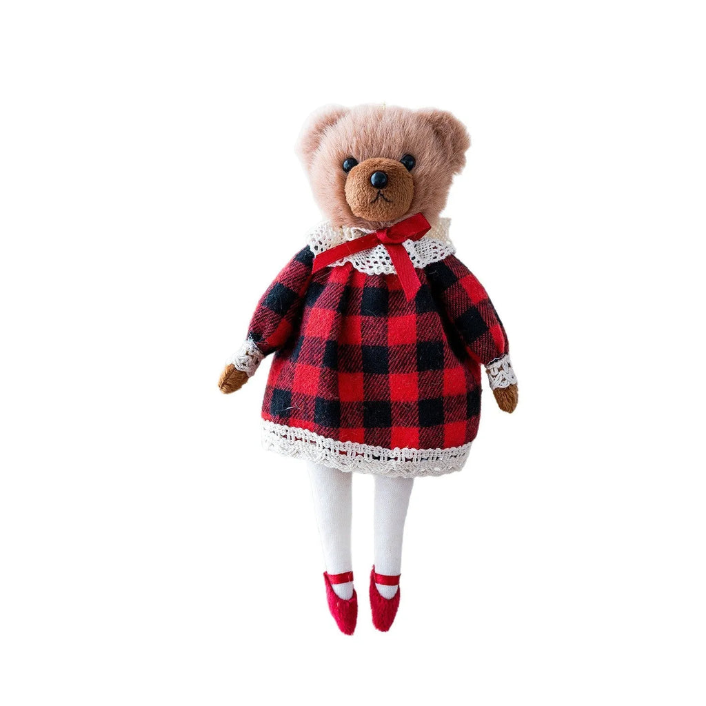 Pair of cartoon-style plush bear dolls in cotton suit plaid, featuring a gentleman bear and a princess bear.