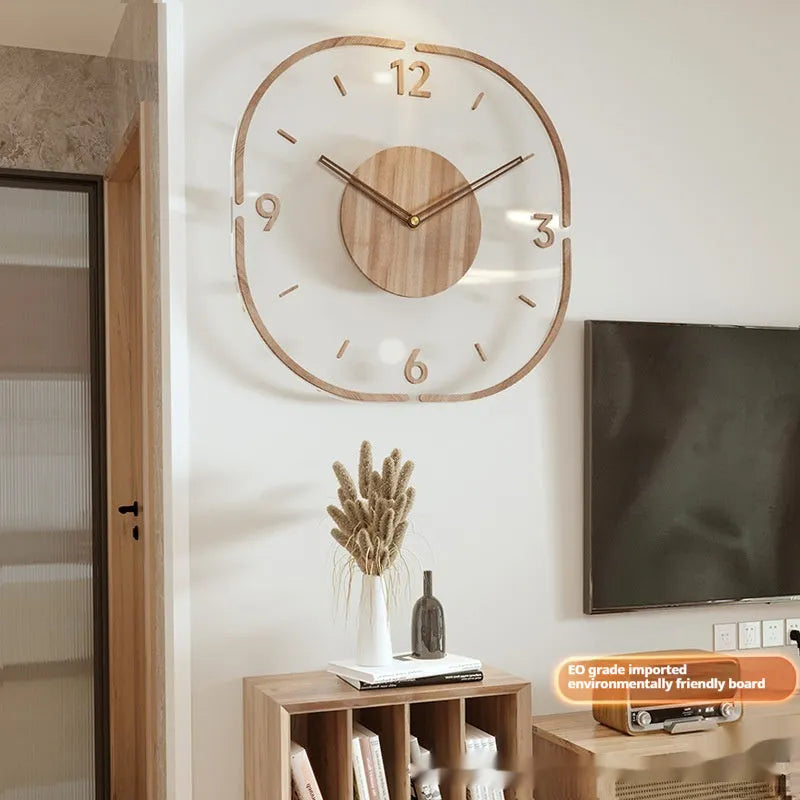Modern transparent wooden wall clock with square 35cm dimensions showing clear dial and wooden frame