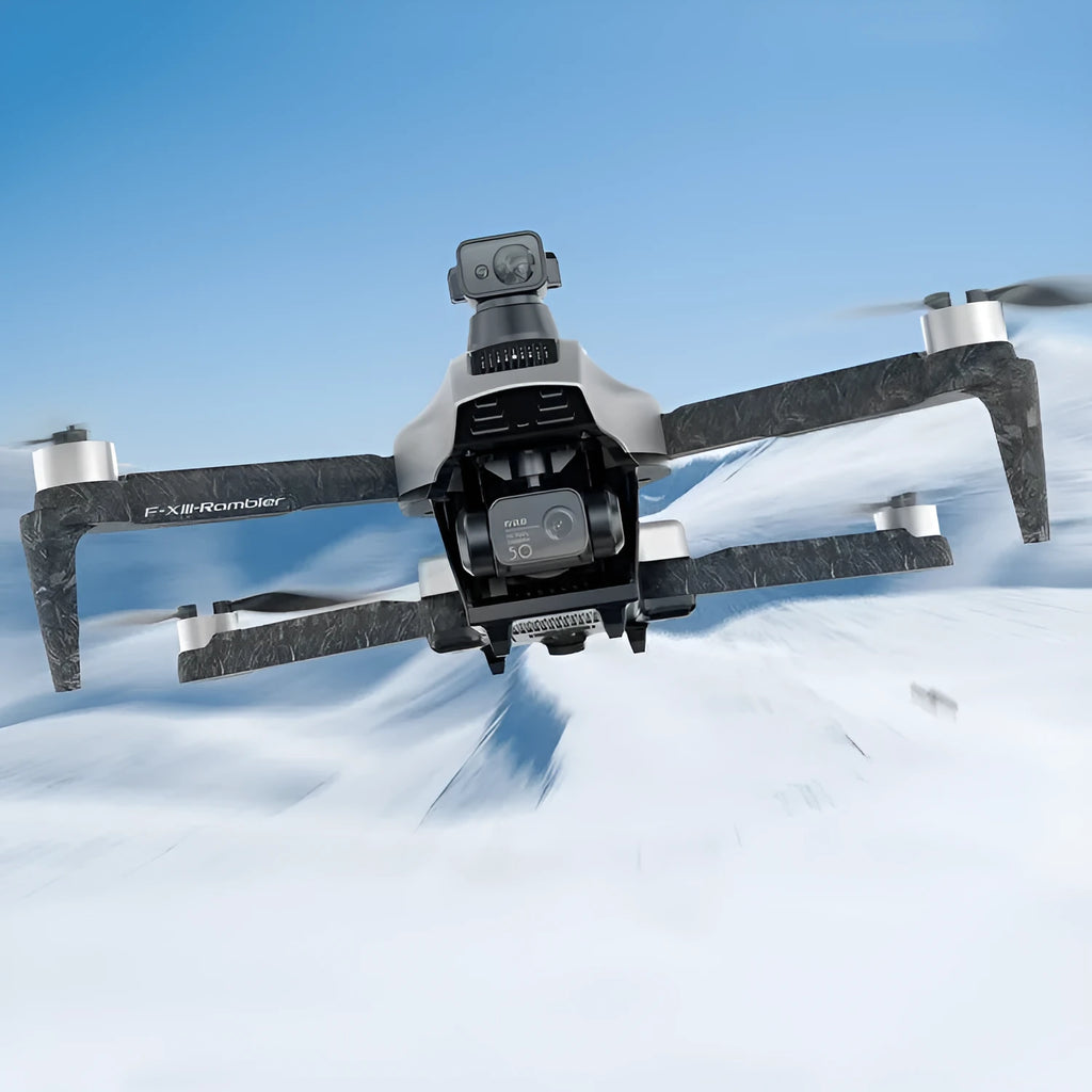 White folding quadcopter drone with 4K camera, obstacle avoidance sensors, and included accessories in shoulder bag
