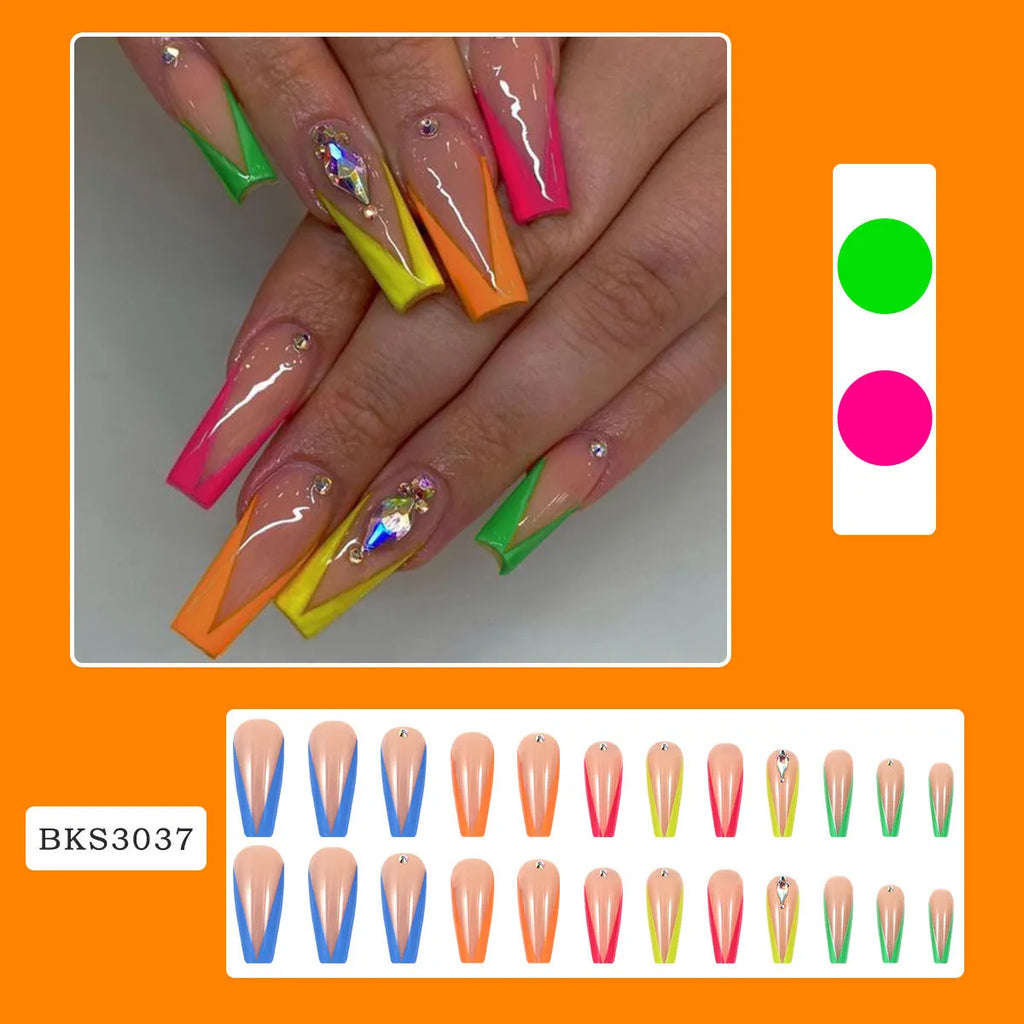 Diamond colour French nail tips with cartoon, love and cross heart patterns, plus jelly glue and filing strip.