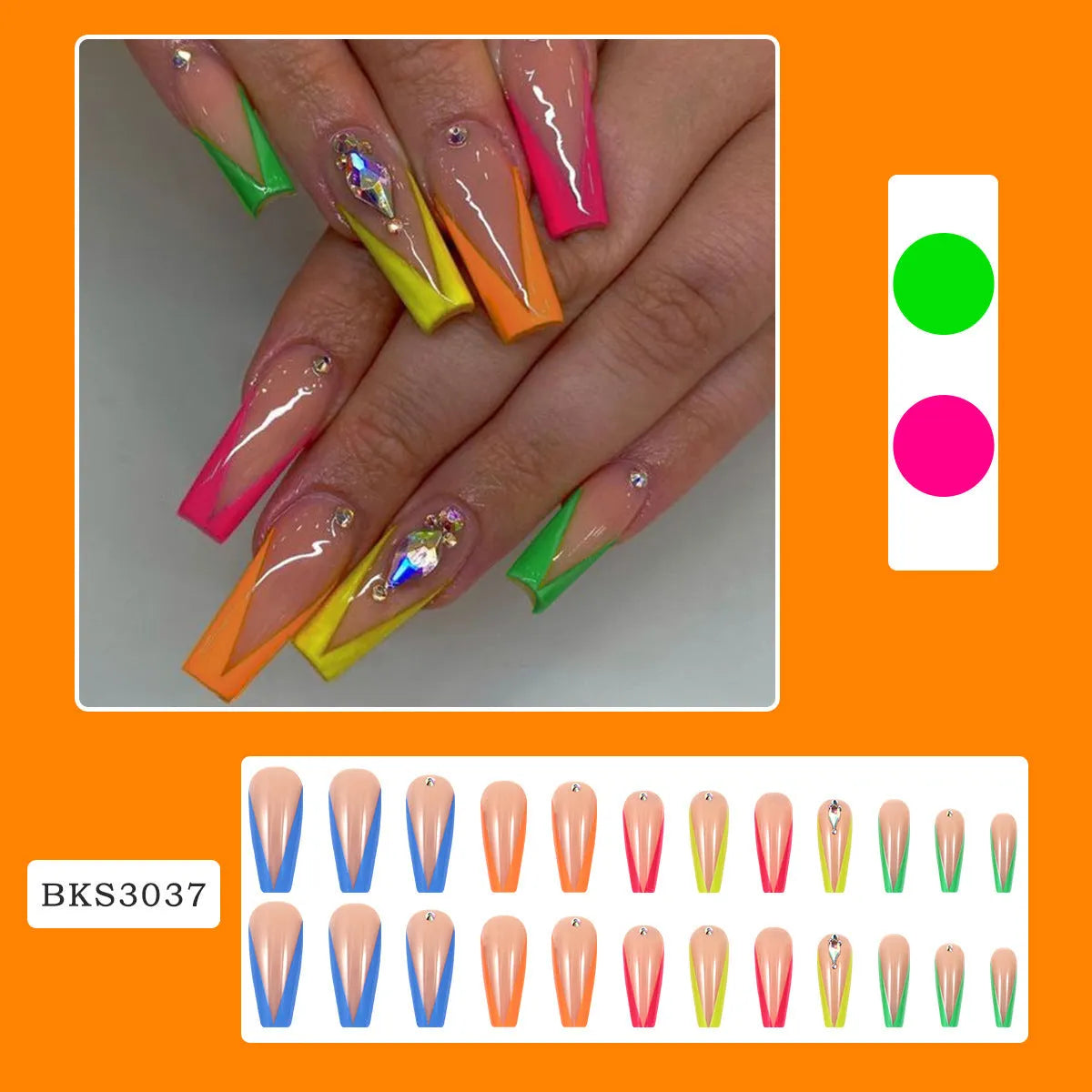 Diamond colour French nail tips with cartoon, love and cross heart patterns, plus jelly glue and filing strip.