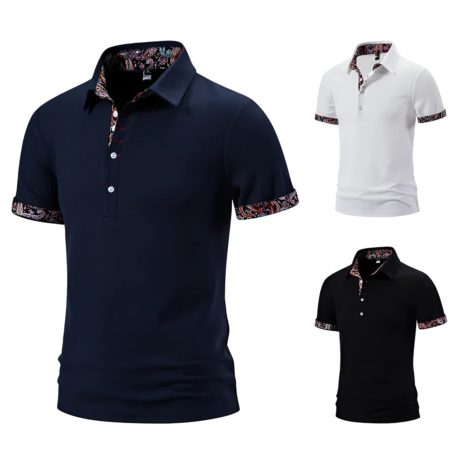 Men's navy blue polo shirt with white stitching on the turnover collar and short sleeves.