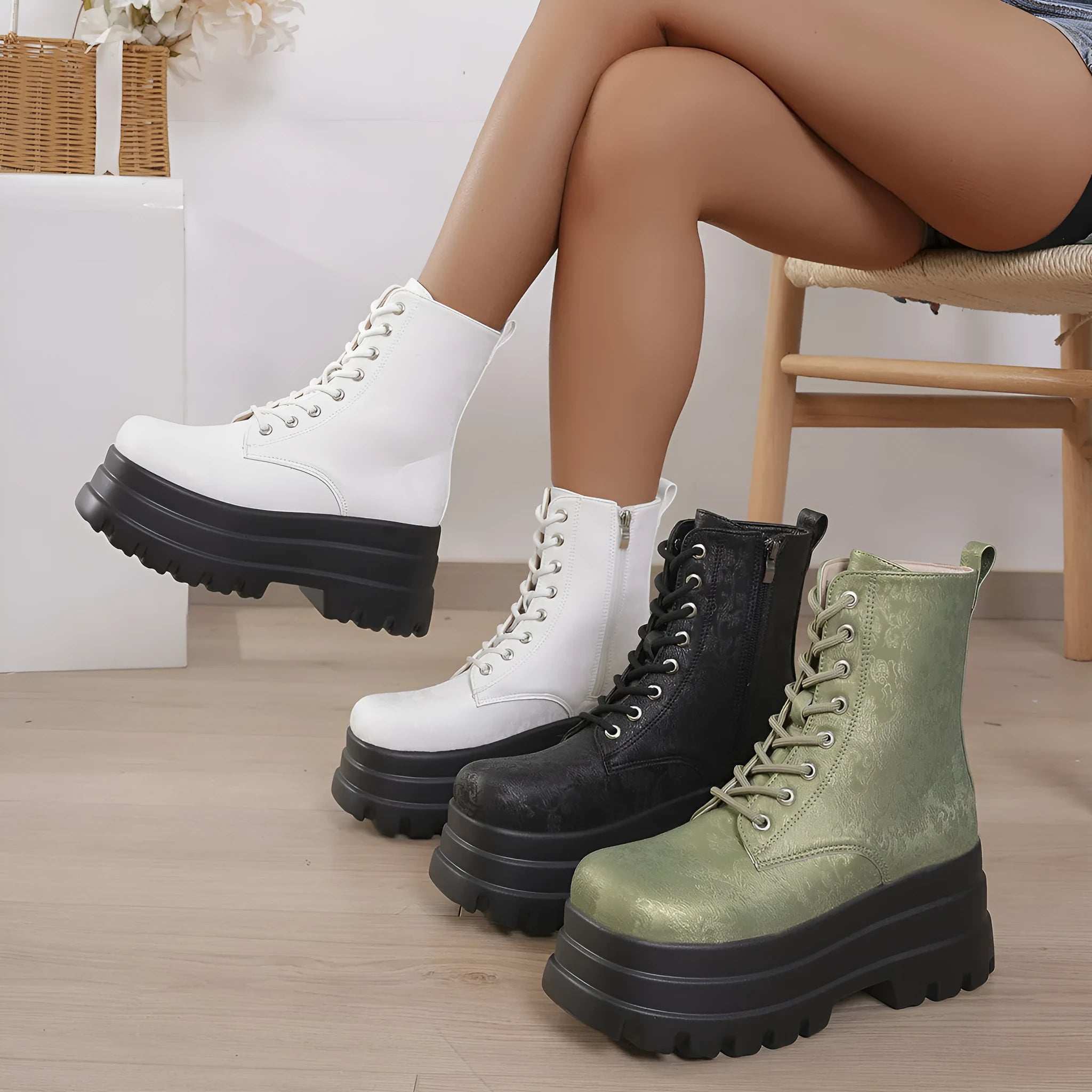 Women's mid-calf platform boots with chunky heel and side zipper in retro patchwork design.