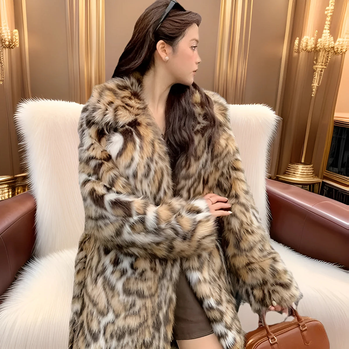 Long grey faux fur coat with a large fur collar and pockets on a model.