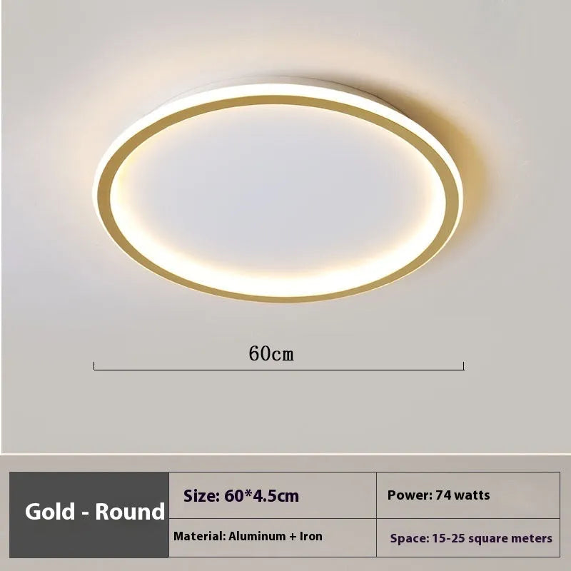 Modern minimalist black ceiling lamp with LED lights and dimming control on a bedroom ceiling.