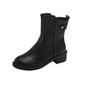 Black women's low heel ankle boots with a side zip and round toe.