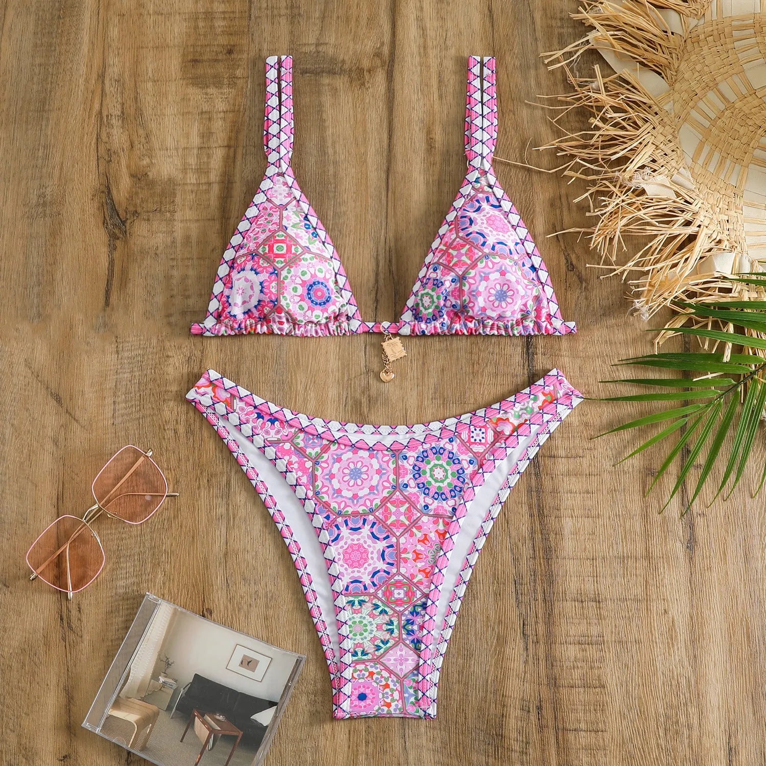 Retro printed women's swimwear bikini in polyester fabric for swimming sports