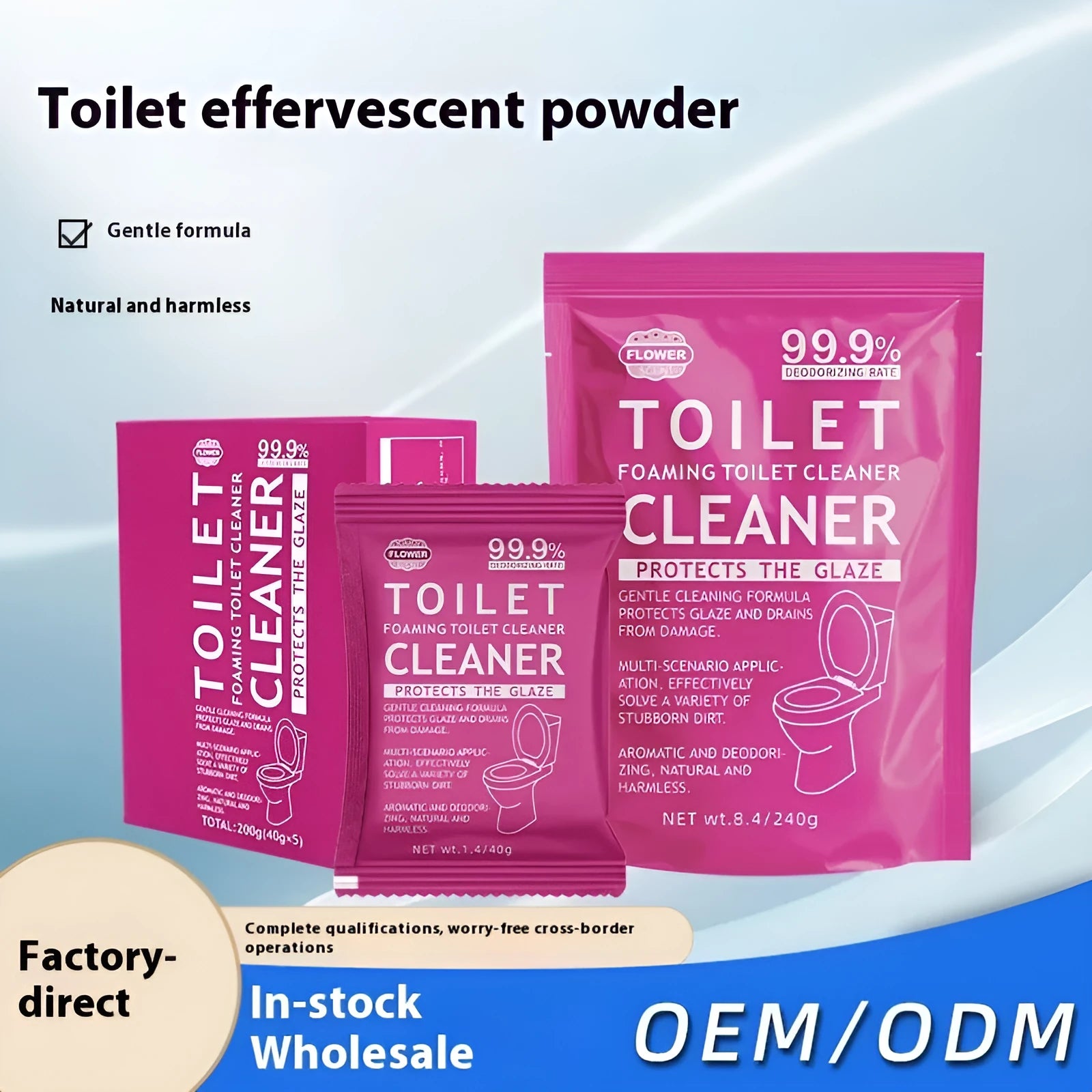 Toilet effervescent cleaning powder in blue ocean or pink floral fragrance, packaged in a large bag or box of sachets