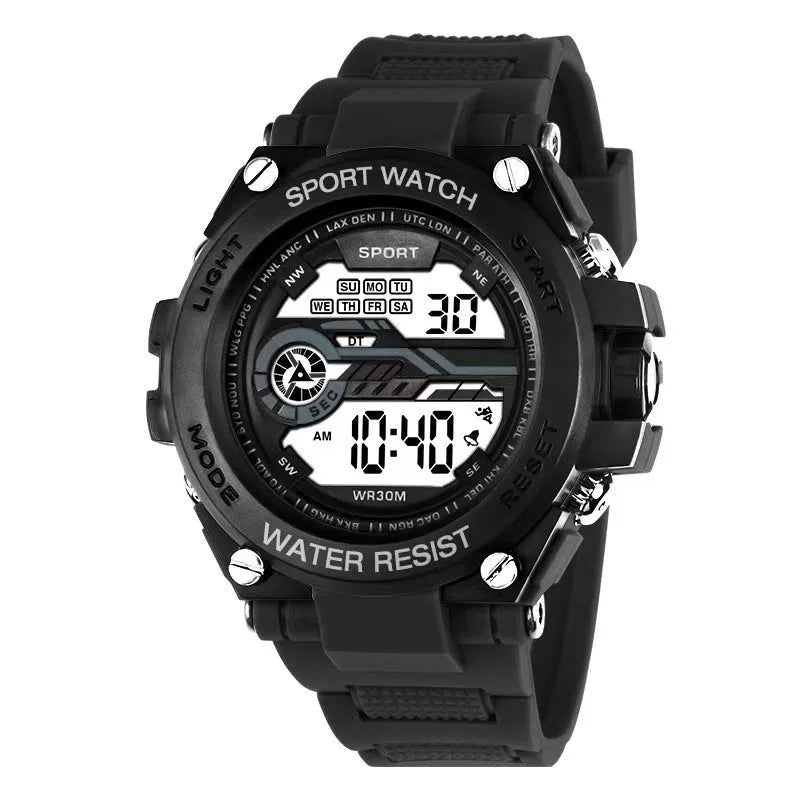 Digital electronic wristwatch for teenagers and students shown in one of ten available colour variations.