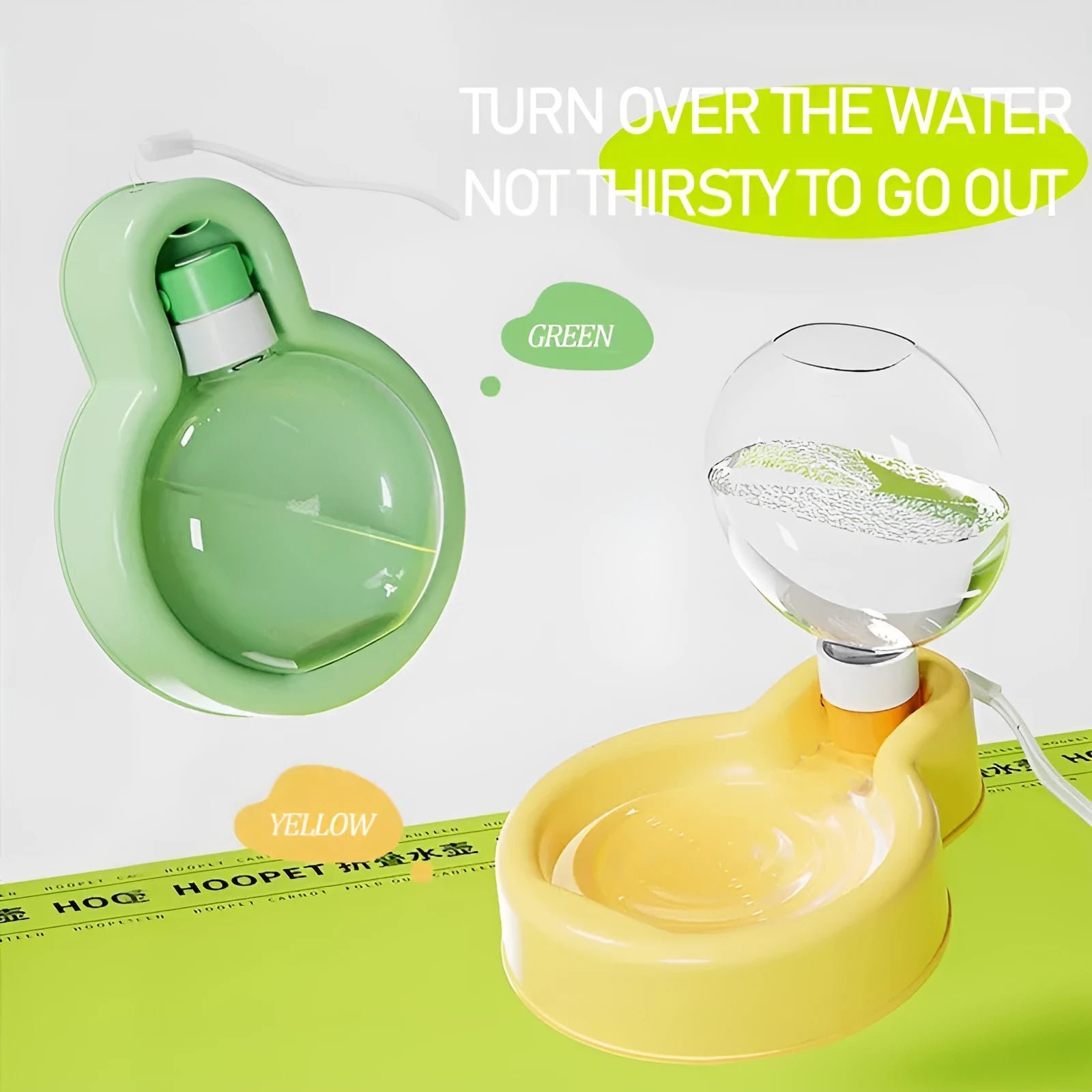 Green dog travel water bottle with pull-out drinking bowl for outdoor use with pets