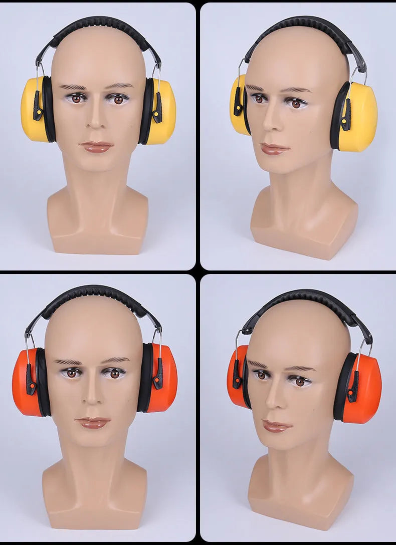 Orange adjustable noise-cancelling headphones and protective earmuffs with fabric ear cushions.
