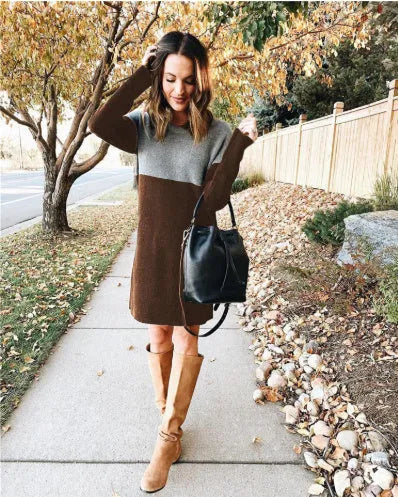 Brown women's patchwork skirt dress with long sleeves and loose round neck in cotton polar fleece fabric