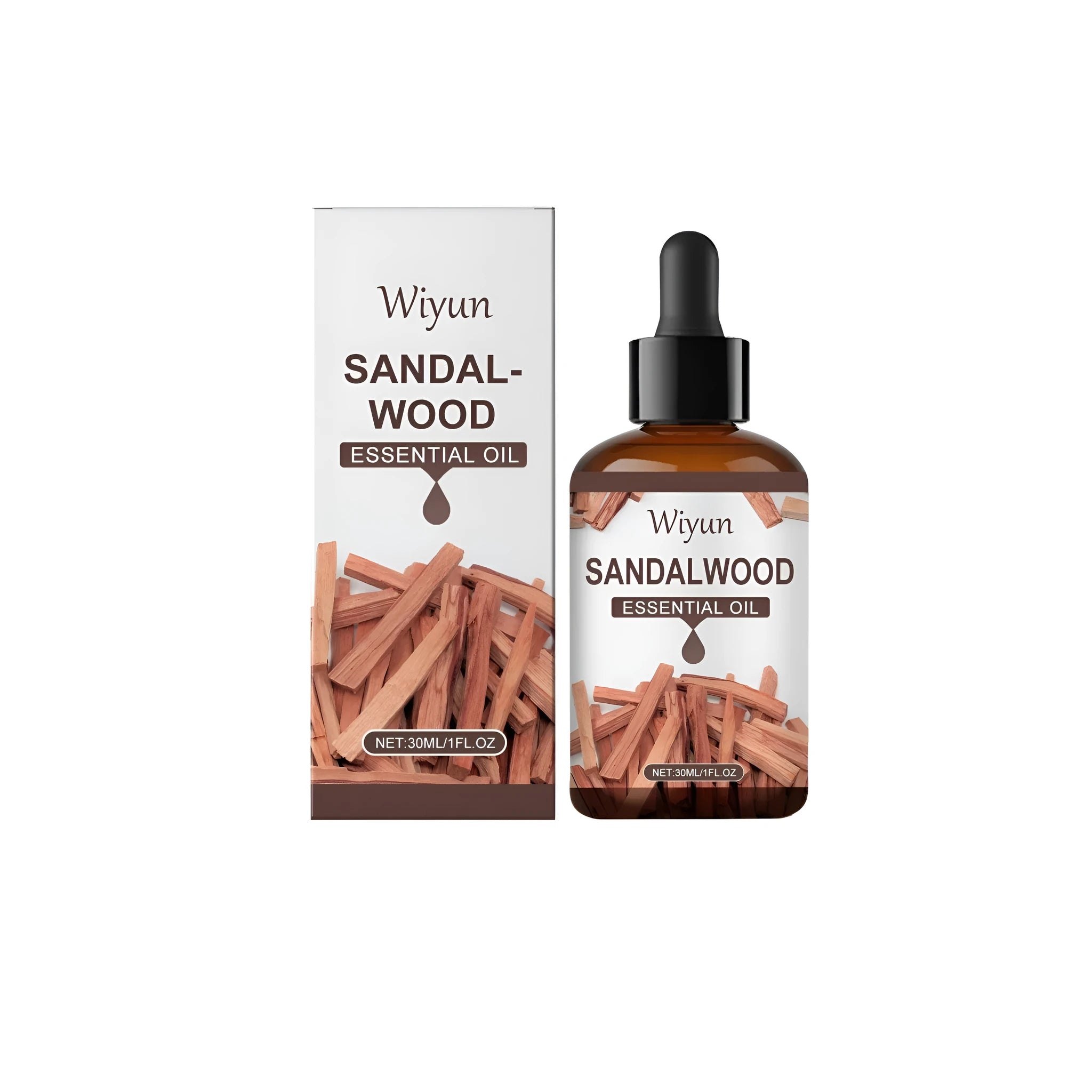 30ml bottle of sandalwood essential oil with glycerin and vitamin E formulation