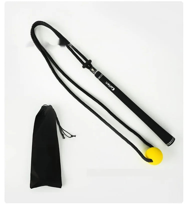 Black silicone elastic golf swing trainer rope for practice and correction drills.