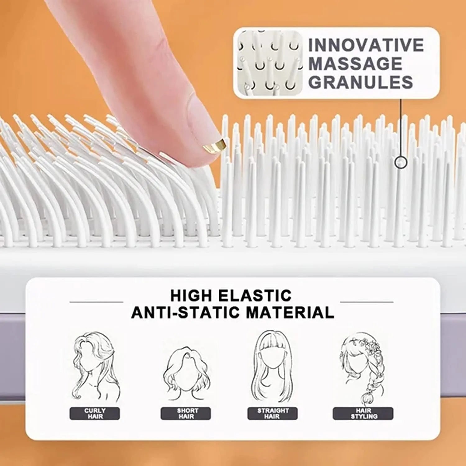 Roland purple self-cleaning hair brush with anti-static massage comb showing telescopic cleaning mechanism
