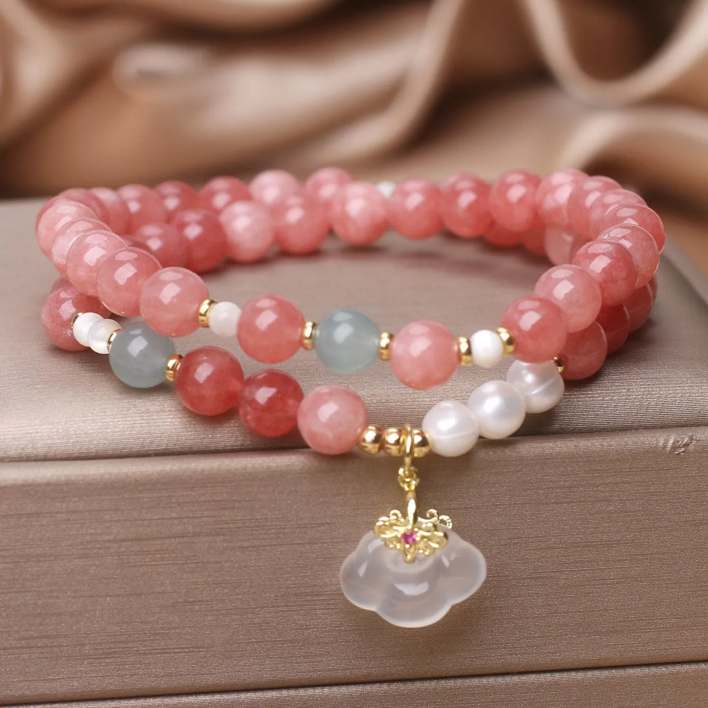 Pink agate crystal bracelet for women with double ring design, handmade Chinese style