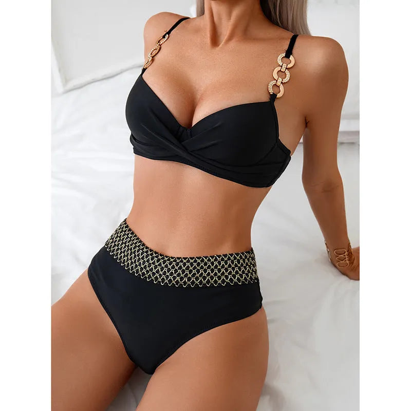 Black European and American style bikini swimsuit briefs set with sleeveless top on a mannequin.